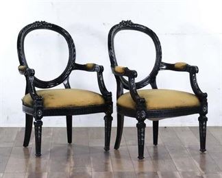 Pair Carved French Provincial Balloon Back Armchairs
