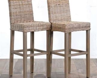Pair Wicker Natural Finish Bar Stools
