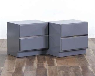 Pair 1980'S Gray Art Deco Nightstands W Mirror Trim