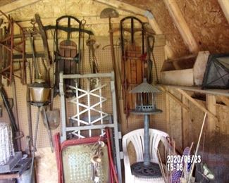 VINTAGE SLEDS, SAW, TOOL CARRIER & OUTDOOR LAWN FURNITURE & GARDEN ITEMS