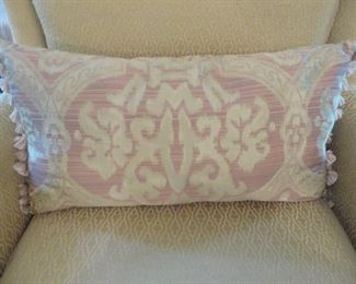  Vanguard Contemporary Wing Chair with Contrast Custom Fabric  Nail Trim & Matching Contrast Throw Pillow.  Green & Taupe Fabric on Outside Back & Arms Green Fabric on Front  Vanguard Furniture