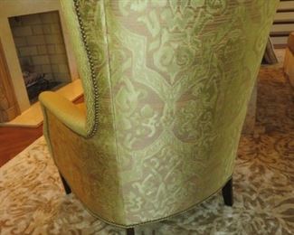 Vanguard Contemporary Wing Chair with Contrast Custom Fabric  Nail Trim & Matching Contrast Throw Pillow.  Green & Taupe Fabric on Outside Back & Arms Green Fabric on Front  Vanguard Furniture