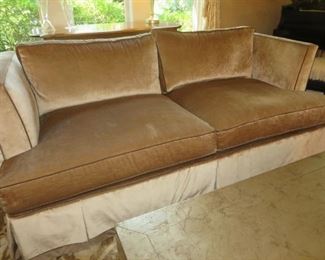 Hickory White Two-Cushion Transition Sofa
Crushed Velvet with Contrast Piping & Box Skirt Sofa in Chenille Fabric with Welt & Banding in Taupe Velvet
Hickory White Furniture
