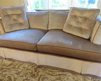  Hickory White Two-Cushion Transition Sofa
Crushed Velvet with Contrast Piping & Box Skirt Sofa in Chenille Fabric with Welt & Banding in Taupe Velvet