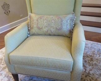 Vanguard Contemporary Wing Chair with Contrast Custom Fabric  Nail Trim & Matching Contrast Throw Pillow.  Green & Taupe Fabric on Outside Back & Arms Green Fabric on Front  Vanguard Furniture