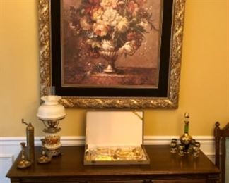 Ethan Allen Charter Oak buffet. Gold flatware set, Large Floral Painting, Bohemian decanter set