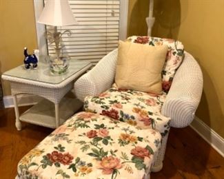Lloyd Loom(like new) arm chair, ottoman, and end table.  Wicker floor lamp