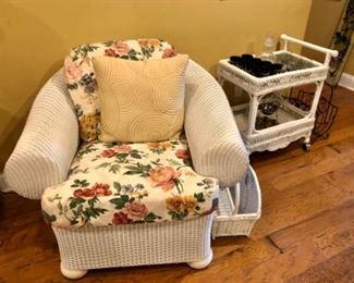 Lloyd Loom club chair, wicker tea cart 