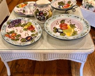 Fruit dinnerware, Lloyd Loom coffee table