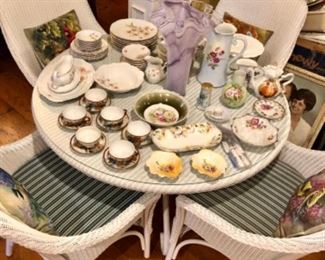 German China set, Lg Murano vase, hand painted pieces, Lloyd Loom dining table with 4 chairs