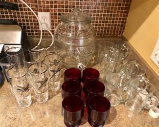 Pheasant glasses, ruby red tumblers, drink dispenser