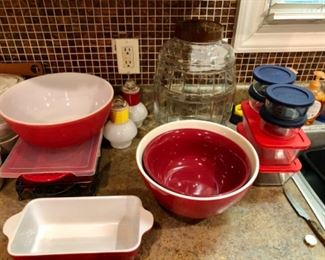 Pyrex, glass jars, vintage ketchup & mustard jars
