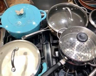 Enamel over cast iron Dutch oven, lots of various pots and pans (Pioneer Woman)