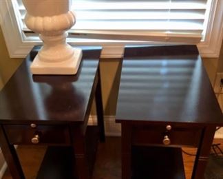 Pair of small side tables, large white pottery urn