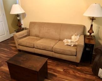 Flexsteel microfiber sofa, small end tables, pair matching lamps, wood trunk