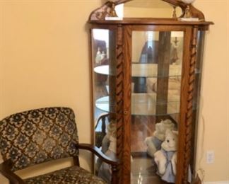 Antique upholstered arm chair, oak barley twist bow front china cabinet, Vermont Teddy Bear king & queen
