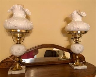 Pair Fenton milk glass cabbage rose lamps