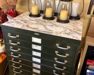 Vintage Cole Steel metal cabinet, LED lanterns 