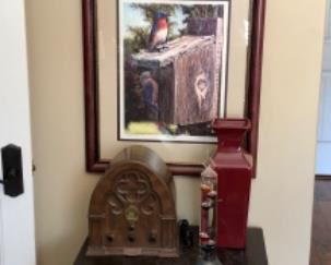Unique “books” side table, Philco radio, Haegar vase