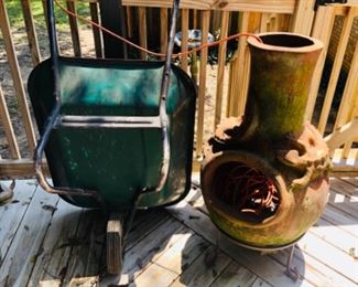 Wheel barrow, chimnea 