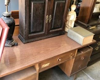 Lamps, large dictionary, mid century desk (needs tlc), display cabinet