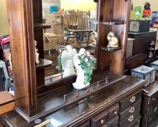 Broyhill pine dresser & mirror, nightstand, & king headboard