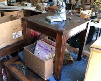 Stone top end tables & coffee tables, books, vintage desk lamps