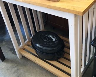 Butcher block island, enamel roaster 