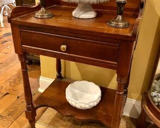 Pennsylvania House maple side table, Alabaster compote, sterling candlesticks, milk glass 