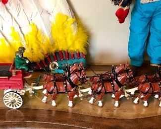 Cast iron Clydesdale horses and wagon, Indian headdress 