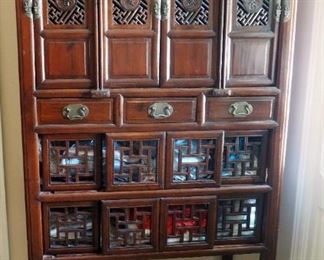 Antique Oriental Storage Hutch With Dovetail Construction, Accent Carving, And Brass Hardware, 72" x 39.5" x 20.5"