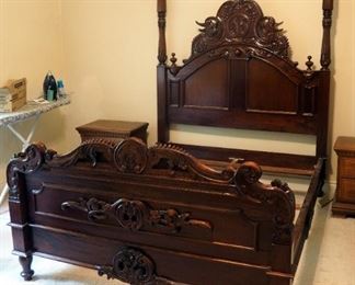 Victorian Carved Wood Queen Size Bed Frame, Includes Headboard (89" x 66.5"), Foot-board (39" x 66"), Bed Rails, And Slats