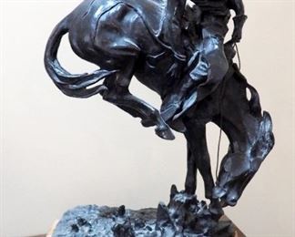"Outlaw" Bronze Statue Sculpture By Frederic Remington, 21.5" x 13" x 7", On Rotating Wood Base