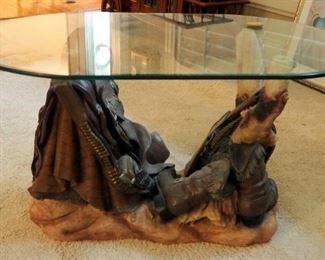 Cast Western Sculpture Coffee Table With Oval Beveled Glass Top, 23" x 43.5" x 27.5"