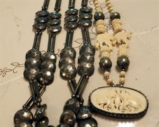 Carved Bone Elephant Necklace 13", And Silver Toned Hammered Button Necklace 16"