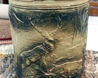 Antique Stag And Deer Stoneware Water Cooler Crock With Pine Cone Motif Lid, 15" x 12" Round