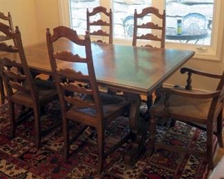 Drexel Mid Century Solid Wood Dining Table 29" x 70" x 42", Includes 20" Leaves QTY 2, 6 Chairs With Thatch Seats And Table Pads