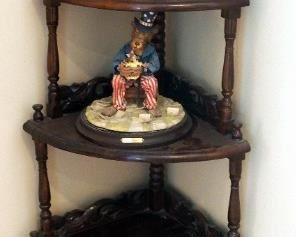 Solid Wood Corner Shelf With Carved And Turned Wood Accents, 63" x 20" x 14"