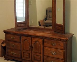 Sumter Cabinet Company Solid Wood 9-Drawer Dresser With Hinged Beveled Glass Dressing Mirror, 78" x 70" x 19"