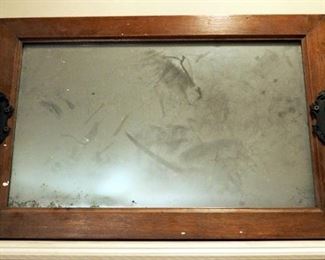 Antique Wood Framed Mirror With Cast Iron Hooks 15.25" x 23"