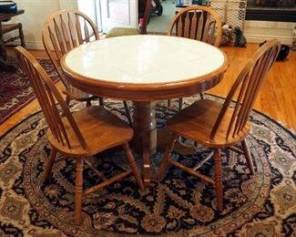 Ashley Furniture Round Pedestal Dinette Table With Tile Top 30" x 42" Round And 4 Matching Slat Back Chairs With Turned Legs