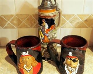 11.5" Ceramic Stein Music Box Made In Germany, Always Azul Pottery Ceramic Pirate Mugs QTY 2