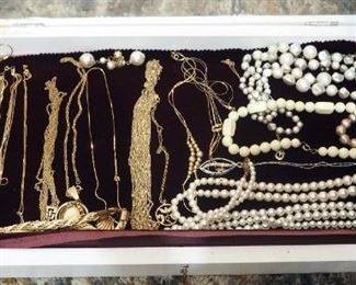 Gold Necklaces, Faux Pearls, And Wood Display Tray
