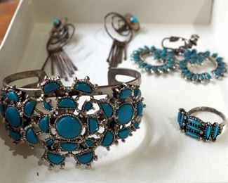 Silver Tone And Turquoise Cuff Bracelet, Ring, And Clip On Earrings (Qty 2 Pair)