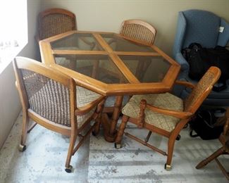 Solid Wood Octagonal Glass Top Dinette Table 29" x 48" x 48", With Rolling Cane Back Upholstered Chairs Qty 4