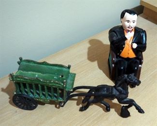 Cast Iron Painted Banker Bank And Cast Iron Horse With Circus Wagon