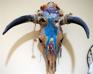 Hand Painted And Decoupaged Skull With Horns And Dream Catcher