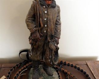 0.5" Painted Cast Resin Statue Titled "The Teamster" And Woven Leather Bull Whip