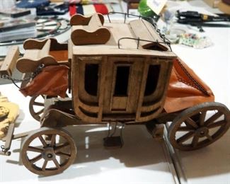 Hand Crafted Wood Stagecoach (10" x 16" x 5"), Wood Cowboy On Horse Wall Art (16" x 12"), And Universal Player Piano Music Roll (Song Is Marigold)