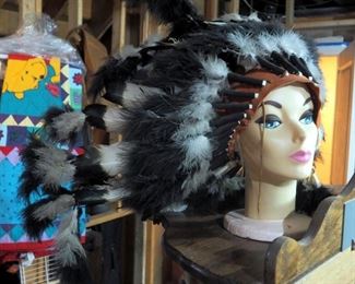 Native American Feathered Headdress With Beaded Leather Hat Band